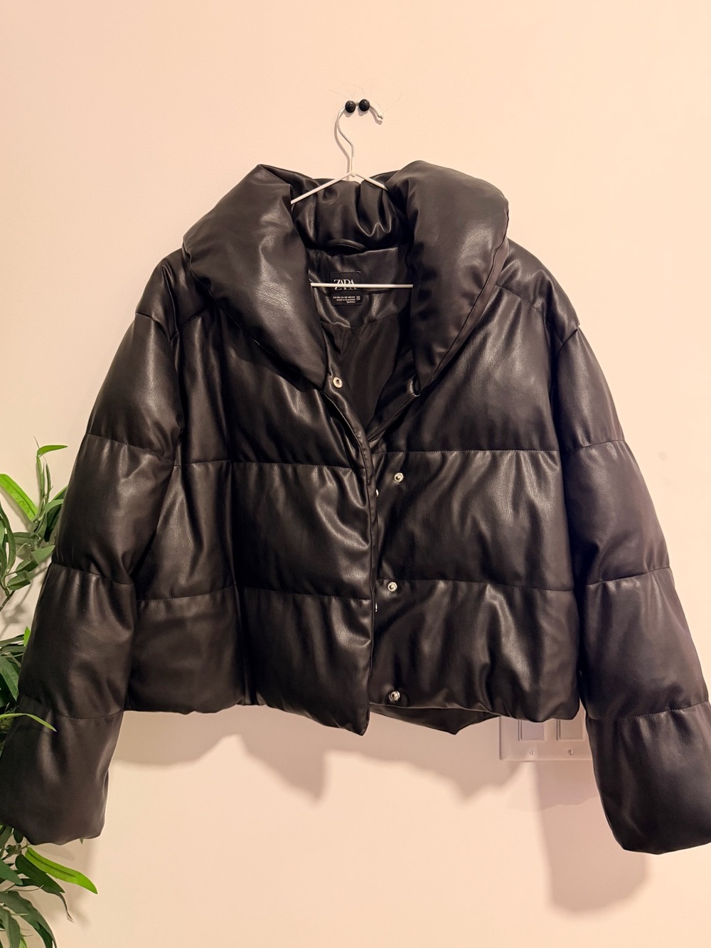 Zara Black Faux Leather Puffer Coat with Oversized Collar
